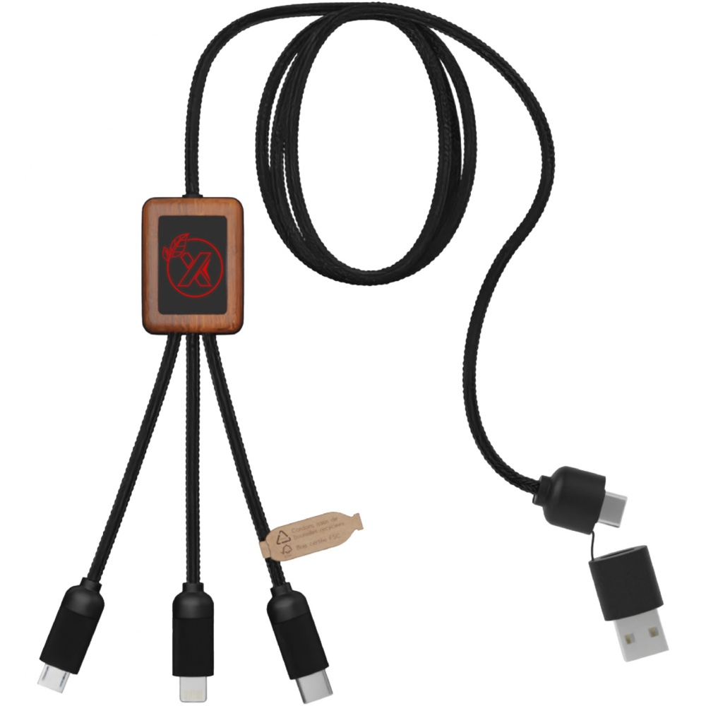 Logo trade corporate gift photo of: SCX.design C38 5-in-1 rPET light-up logo charging cable with squared wooden casing
