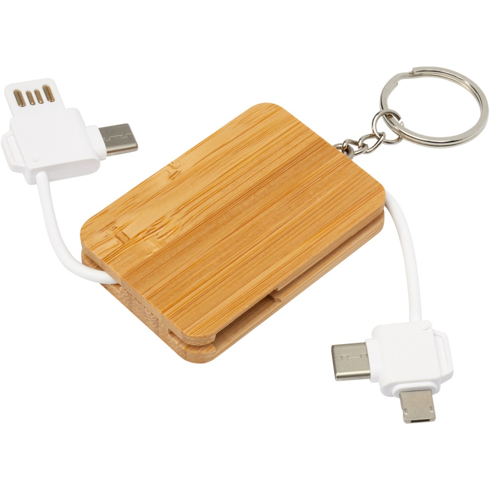 Logo trade promotional items image of: Reel 6-in-1 retractable bamboo key ring charging cable