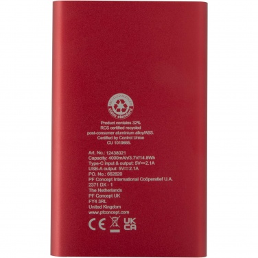 Logotrade promotional giveaway image of: Pep 4000 mAh Type-C recycled aluminium power bank 