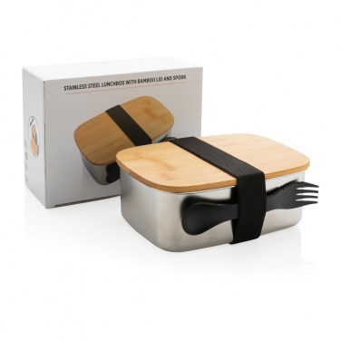 Logo trade promotional gift photo of: Stainless steel lunchbox with bamboo lid and spork