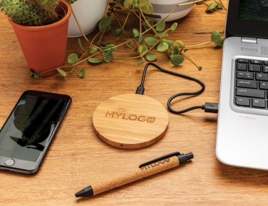 Logo trade promotional item photo of: Bamboo 5W round wireless charger