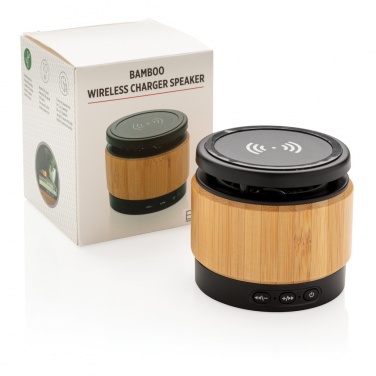 Logo trade business gifts image of: Bamboo wireless charger speaker