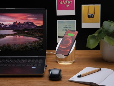 Logo trade corporate gifts picture of: Ovate bamboo 5W speaker with 15W wireless charger