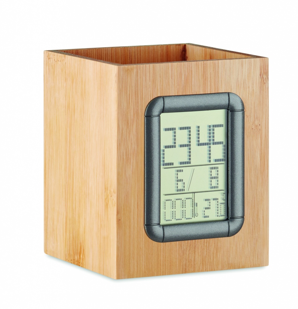 Logo trade promotional giveaways picture of: Bamboo pen holder and LCD clock