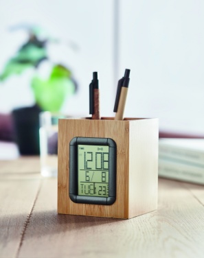 Logotrade advertising products photo of: Bamboo pen holder and LCD clock