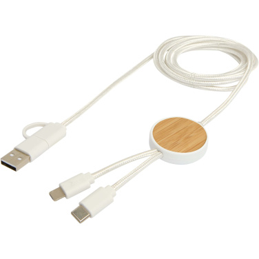 Logotrade promotional product picture of: Chechia 5-in-1 recycled plastic 150 cm data sync and 27W fast charge cable with bamboo details