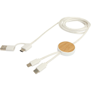 Logotrade promotional item image of: Chechia 5-in-1 recycled plastic 150 cm data sync and 27W fast charge cable with bamboo details